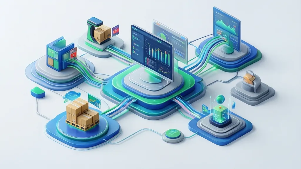 Sleek 3D illustration of interconnected digital retail processes flowing smoothly: inventory scanning, sales transactions, data analytics dashboards, and customer profiles, all integrated.