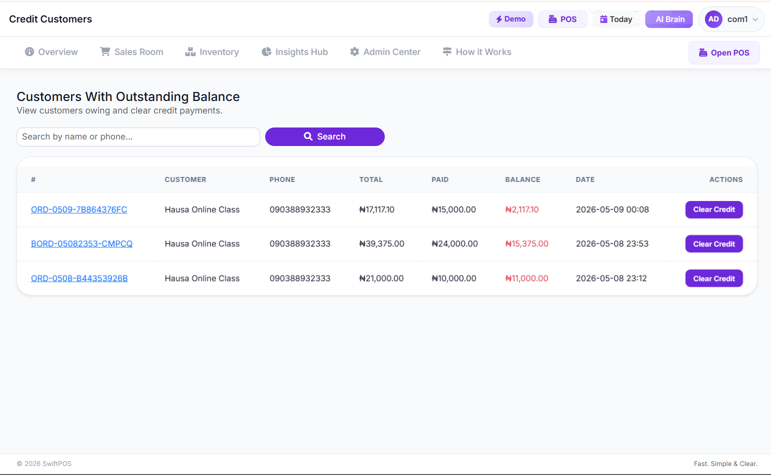 Credit Customers List Page