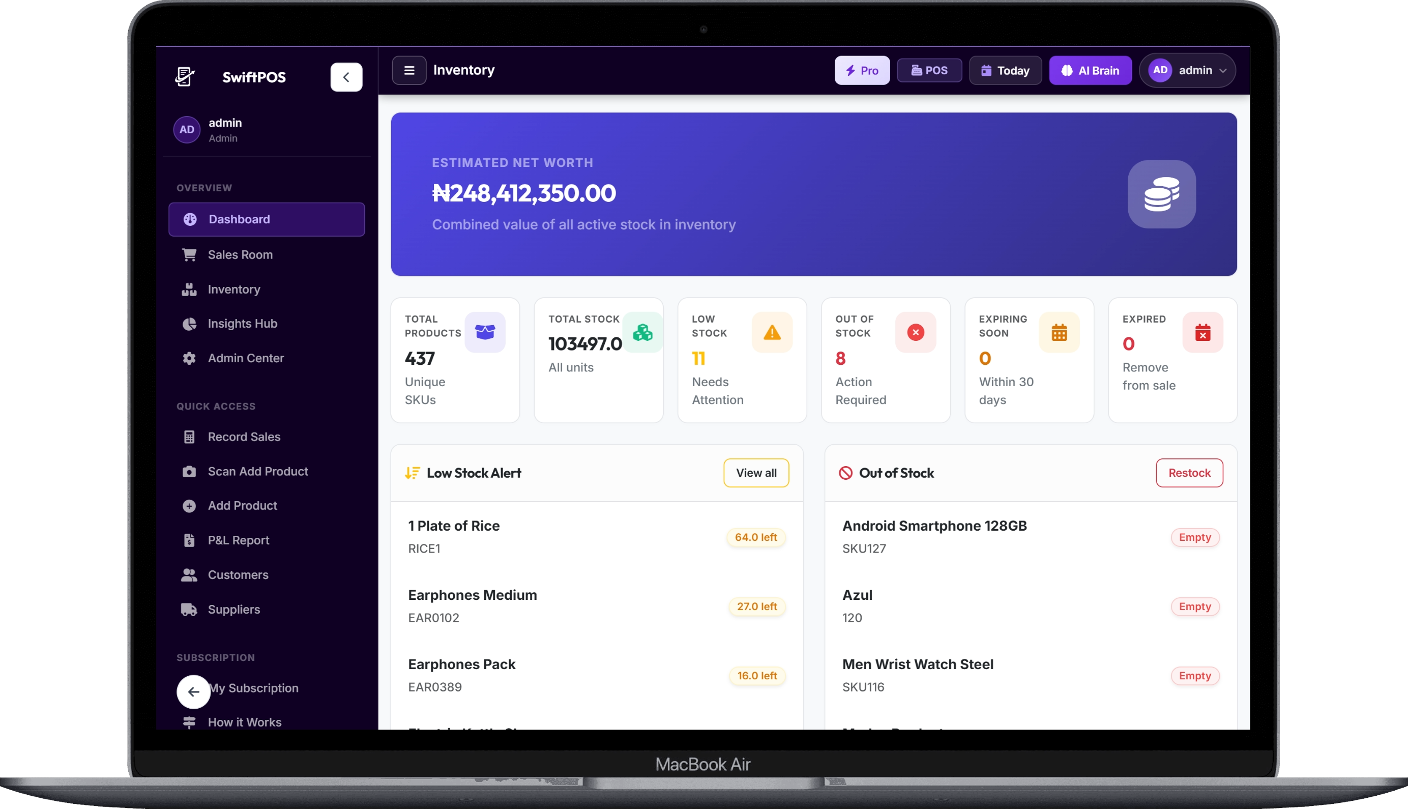 SwiftPOS Inventory Valuation Dashboard on MacBook Air