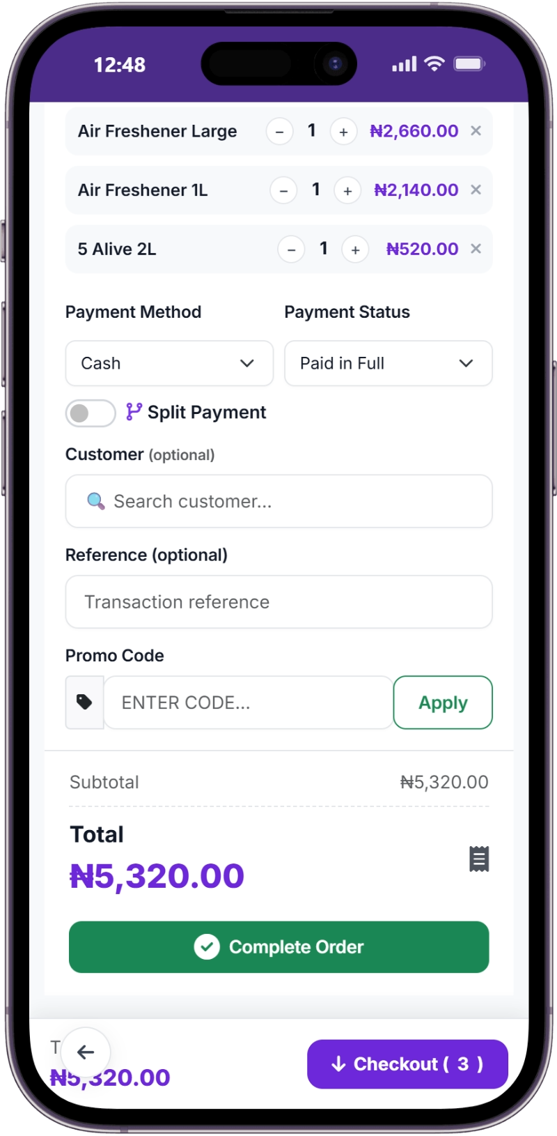SwiftPOS Mobile Cart and Checkout Interface on iPhone 14 Pro